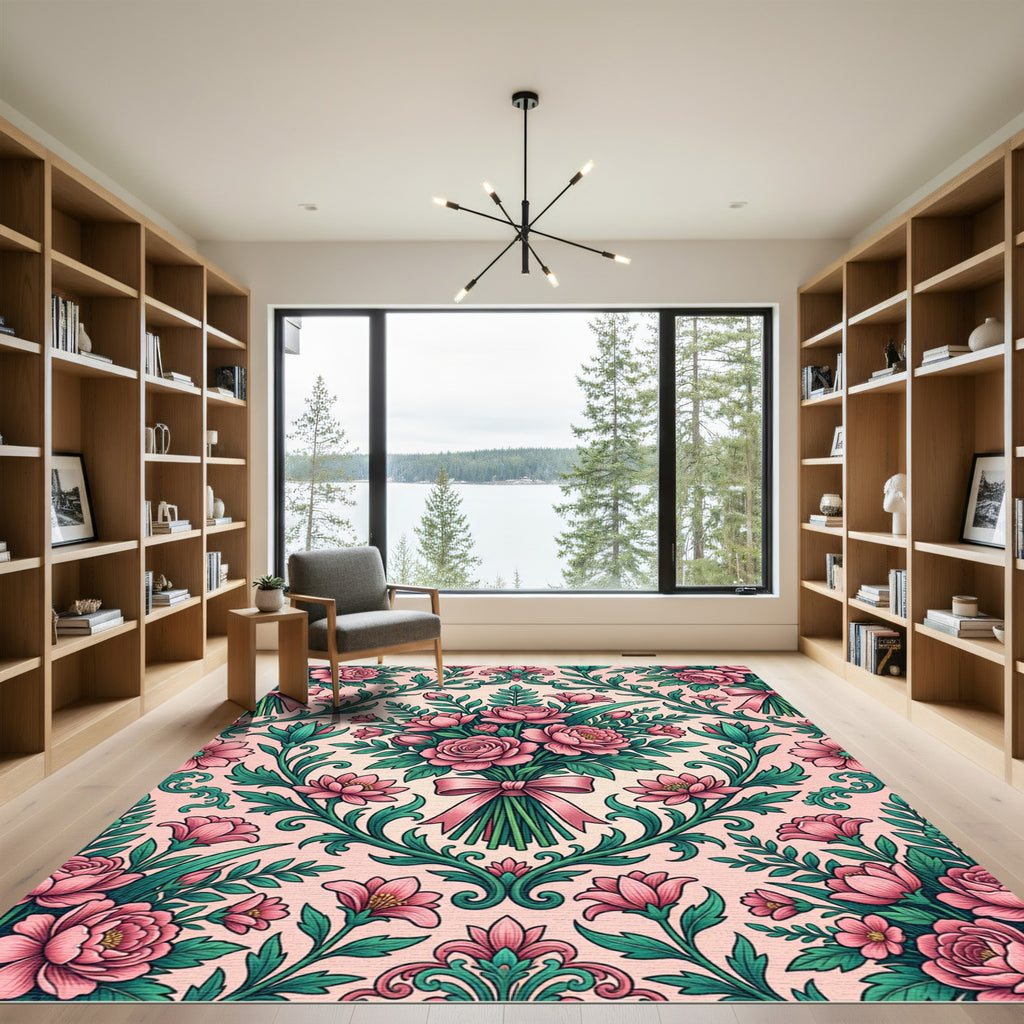 Romantic Pink Rose Victorian Damask Rug