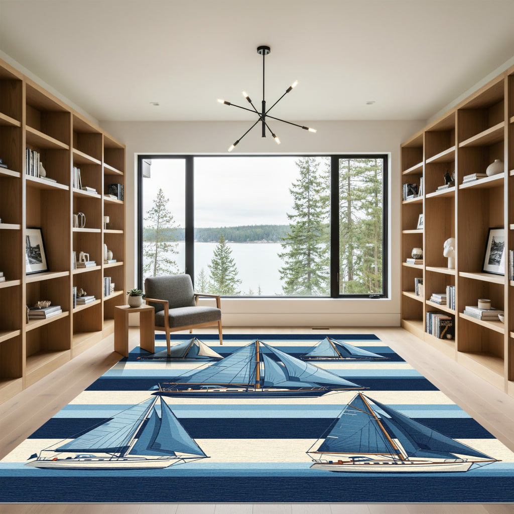 Nautical Blue Sailboat Striped Illustration Rug