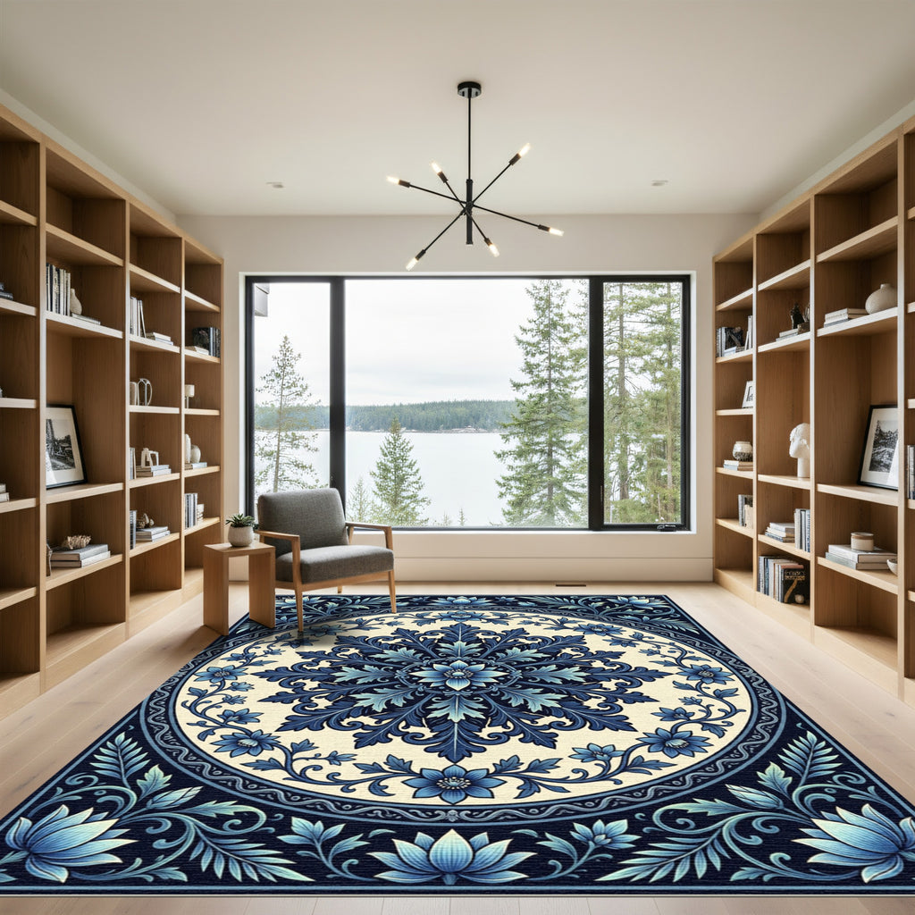 Navy Blue Floral Medallion Sunburst Rug