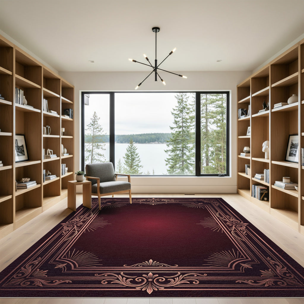 Ornate Burgundy Copper Filigree Frame Rug