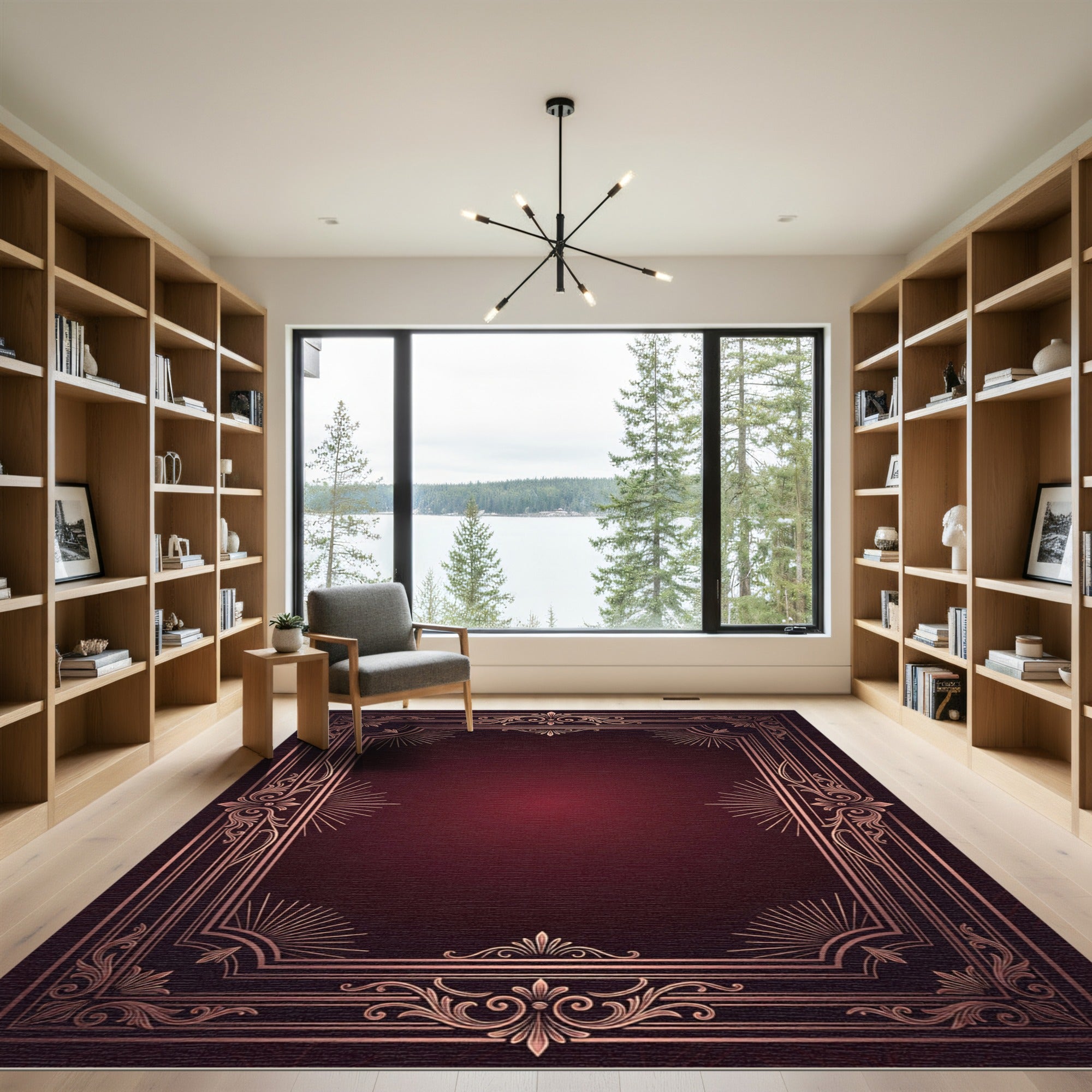 Ornate Burgundy Copper Filigree Frame Rug