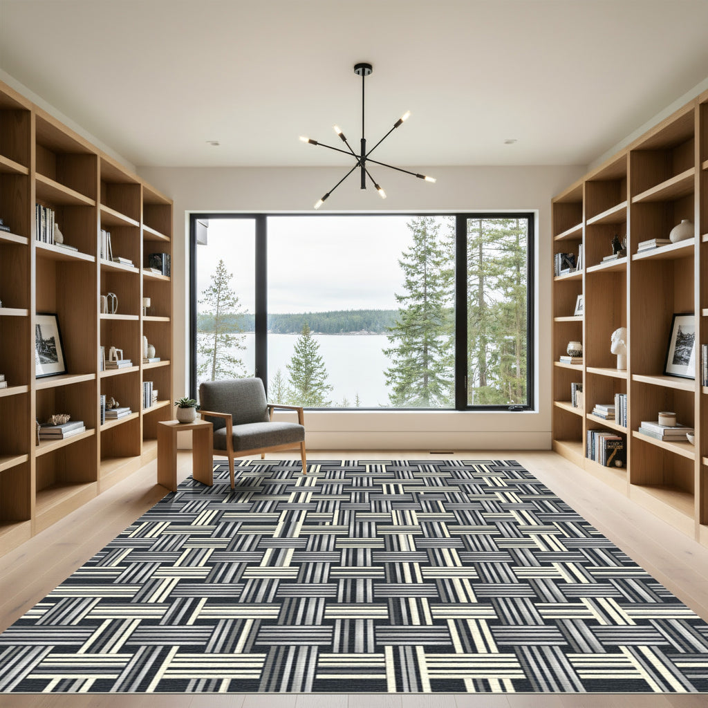 Monochrome Metallic Woven Geometric Grid Rug