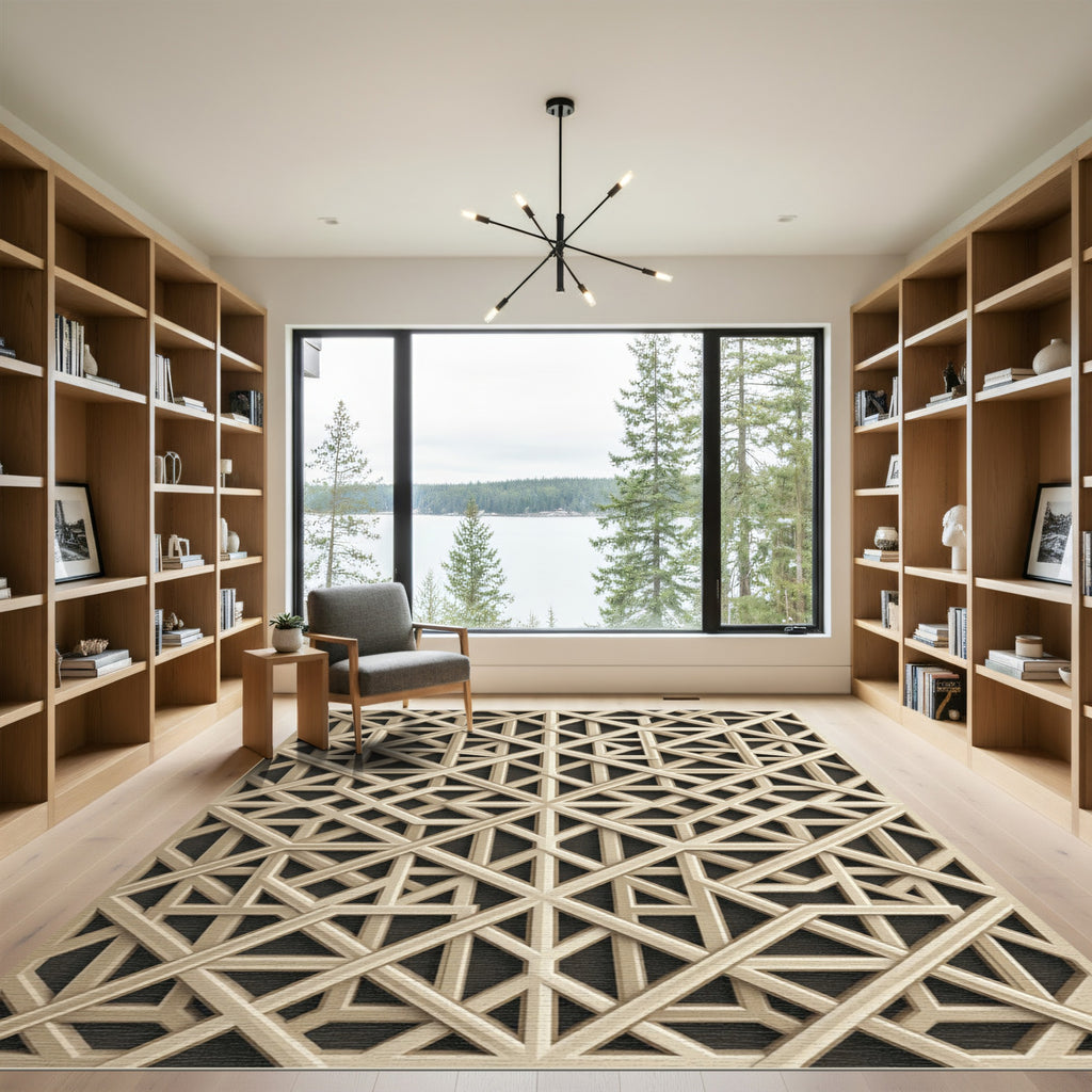 Sophisticated Beige Geometric Interlocking Lattice Rug