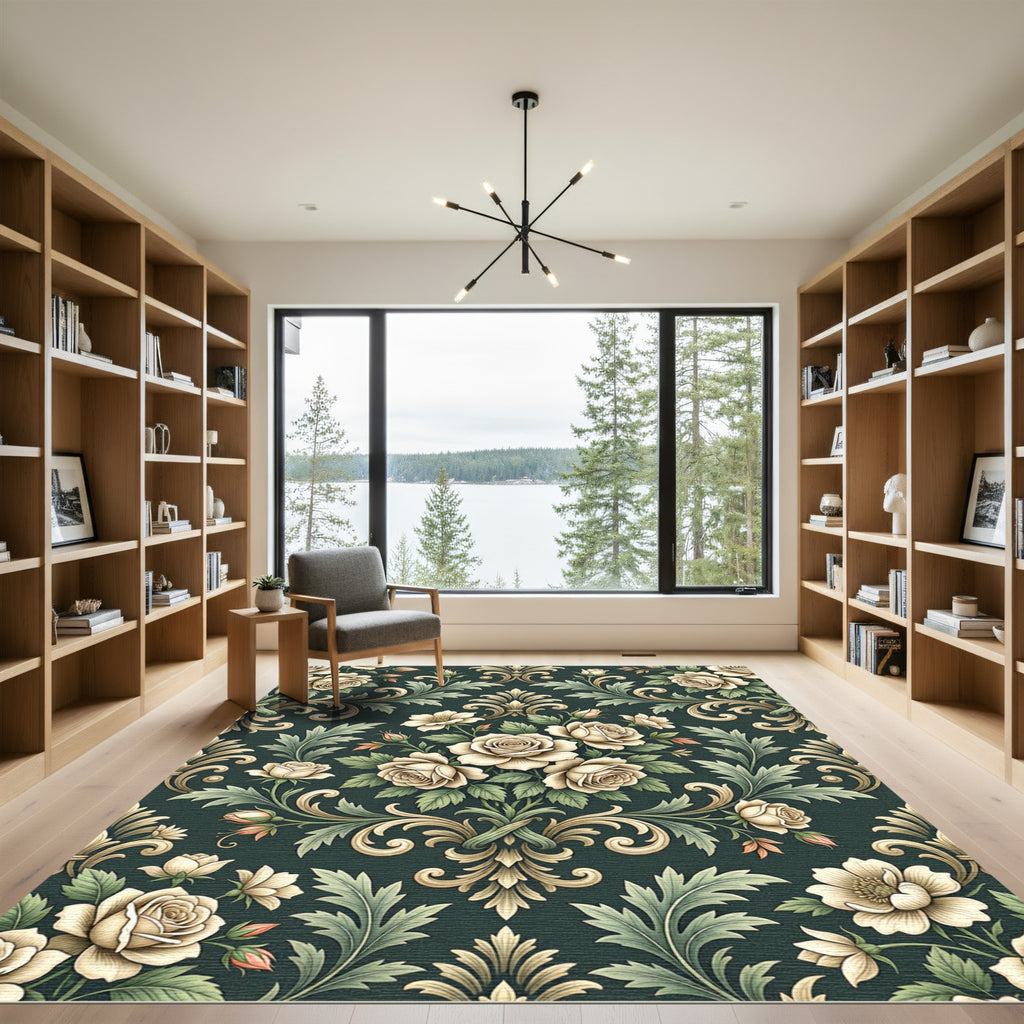 Victorian Cream Rose Damask Botanical Rug