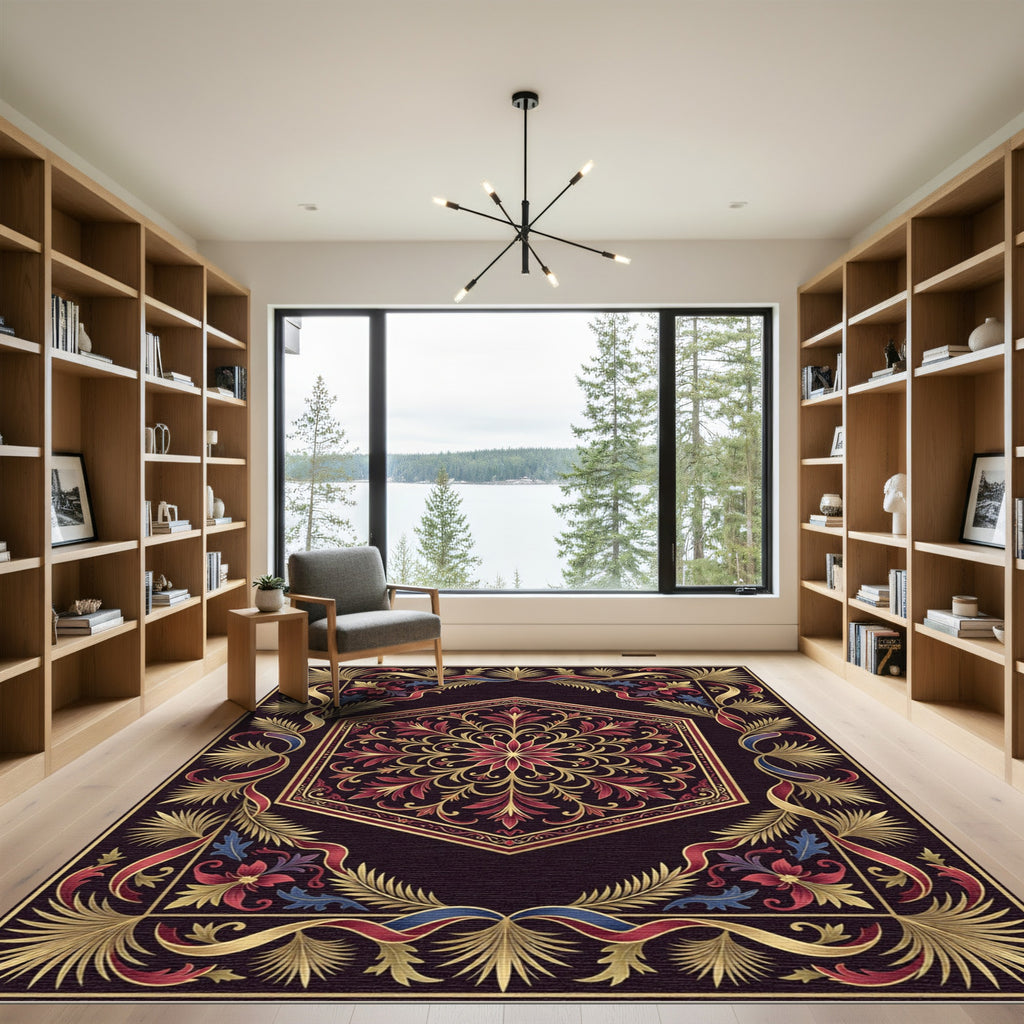 Ornate Hexagonal Crimson Gold Floral Medallion Rug