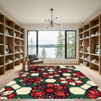 Crimson Red Floral Hexagon Composition Rug