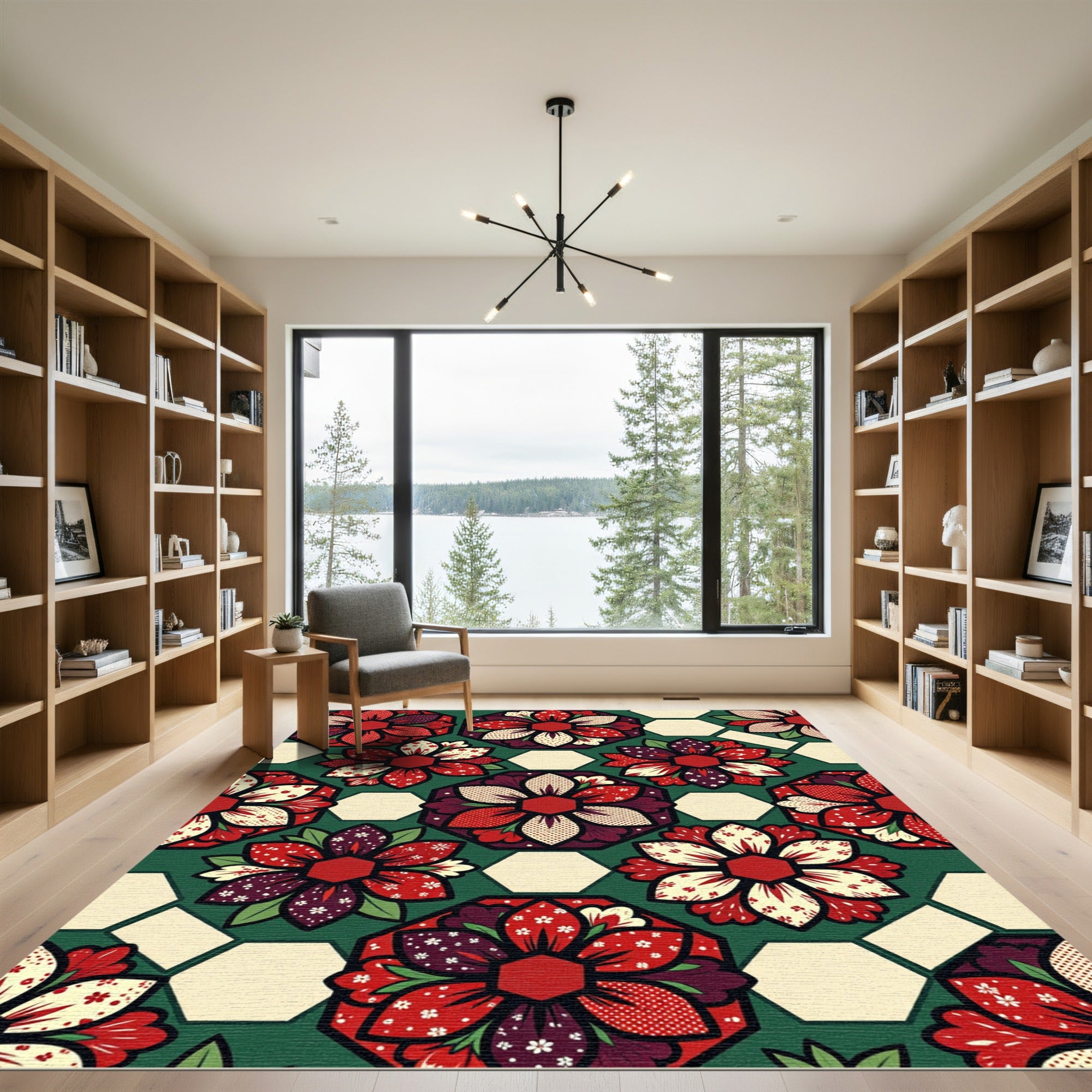 Crimson Red Floral Hexagon Composition Rug