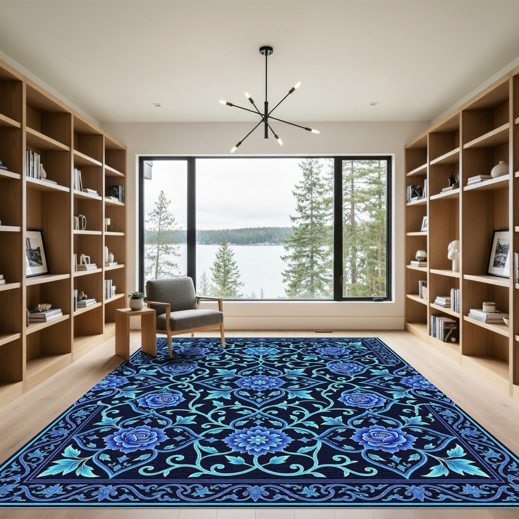 Midnight Blue Floral Arabesque Rug