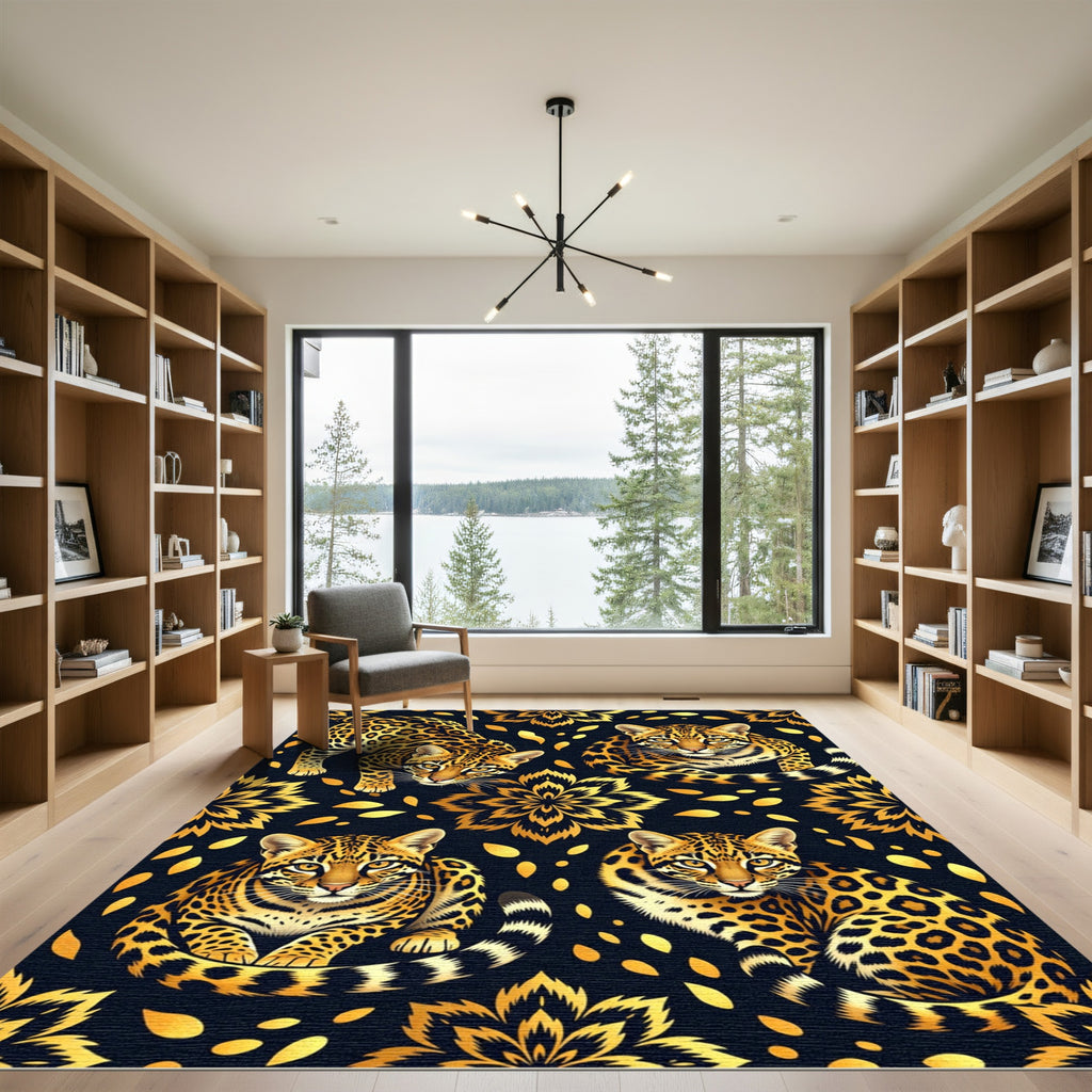 Golden Jaguar Medallion Animal Print Rug