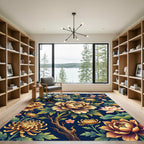 Ornate Golden Floral Navy Background Rug