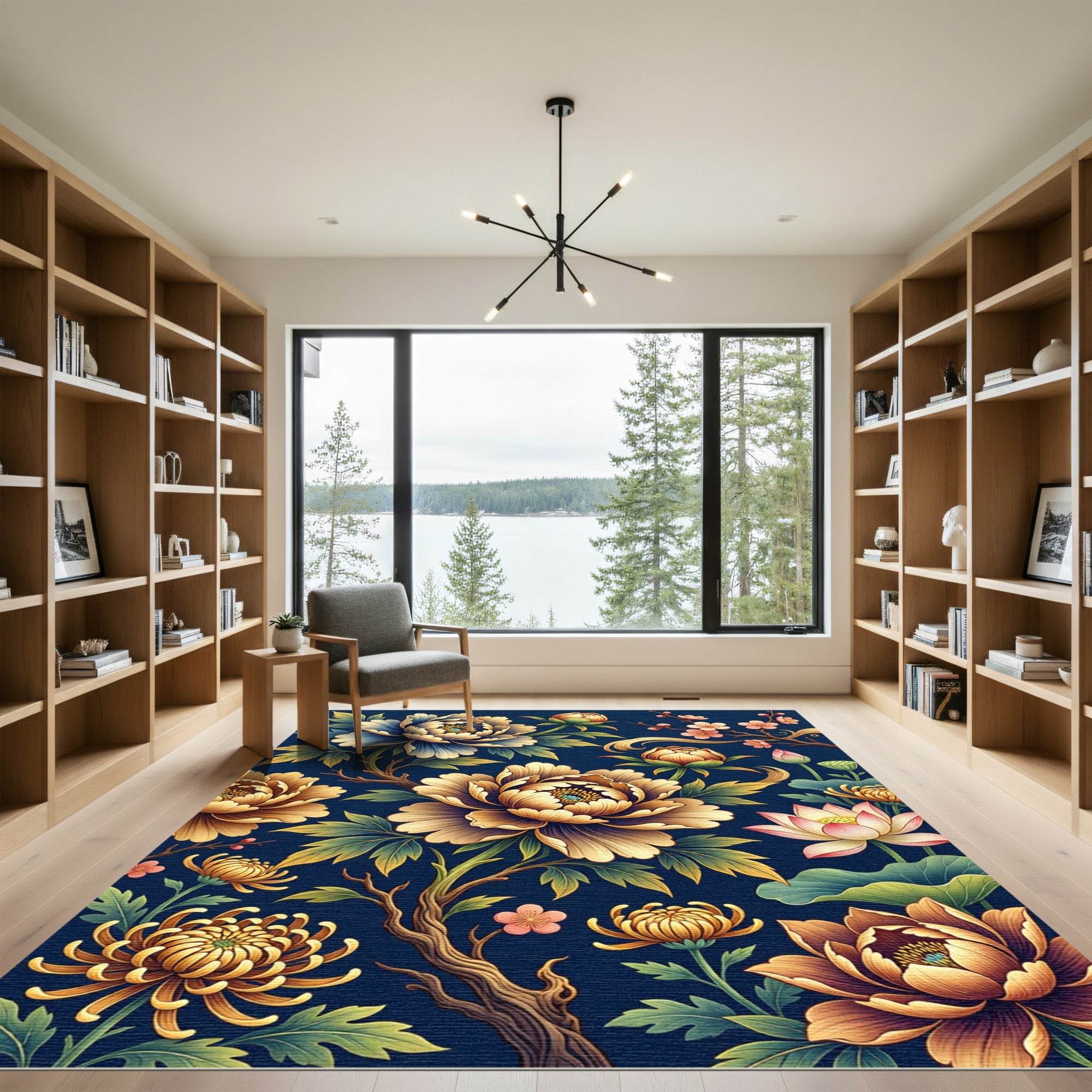 Ornate Golden Floral Navy Background Rug