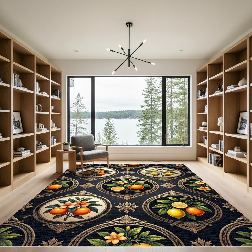 Framed Citrus Medallion Dark Floral Rug