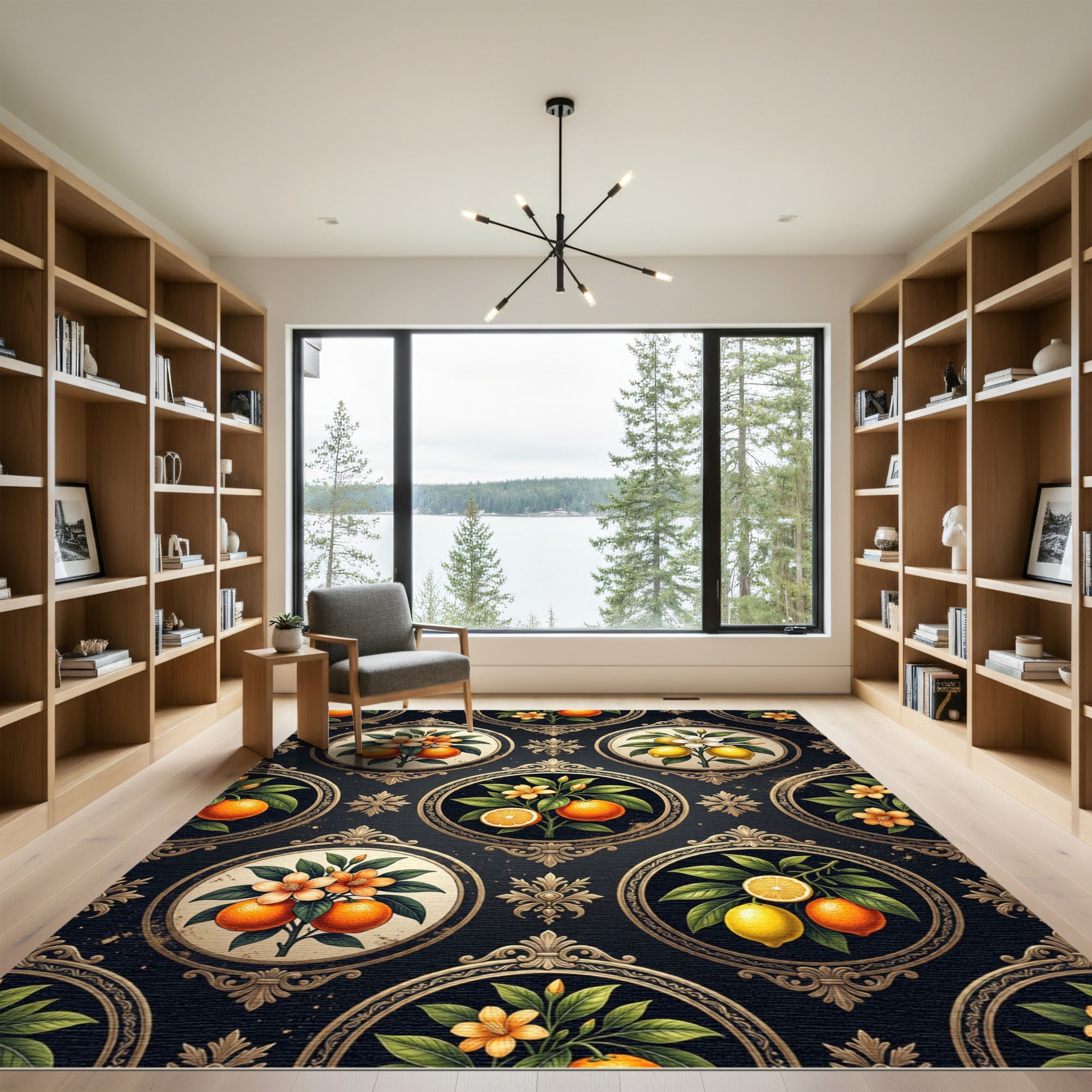 Framed Citrus Medallion Dark Floral Rug
