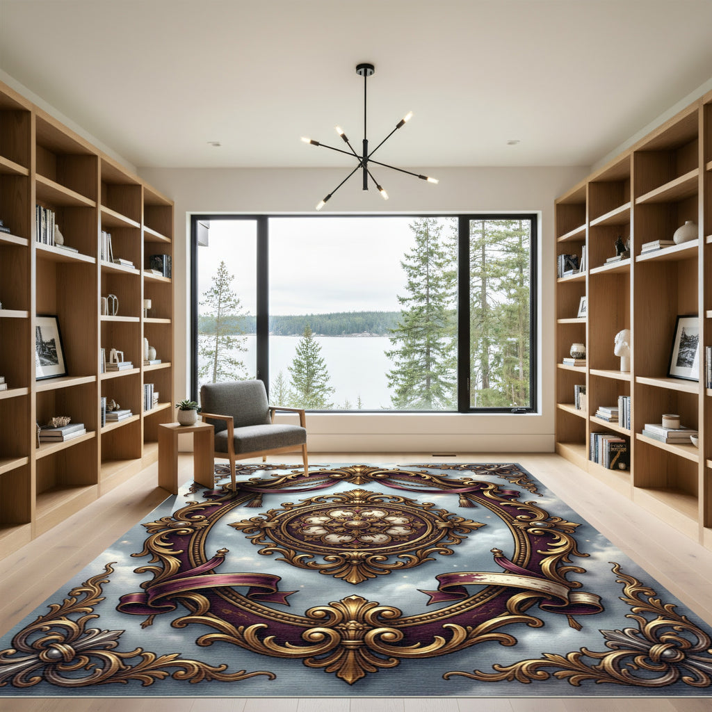 Ornate Burgundy Gold Baroque Medallion Rug
