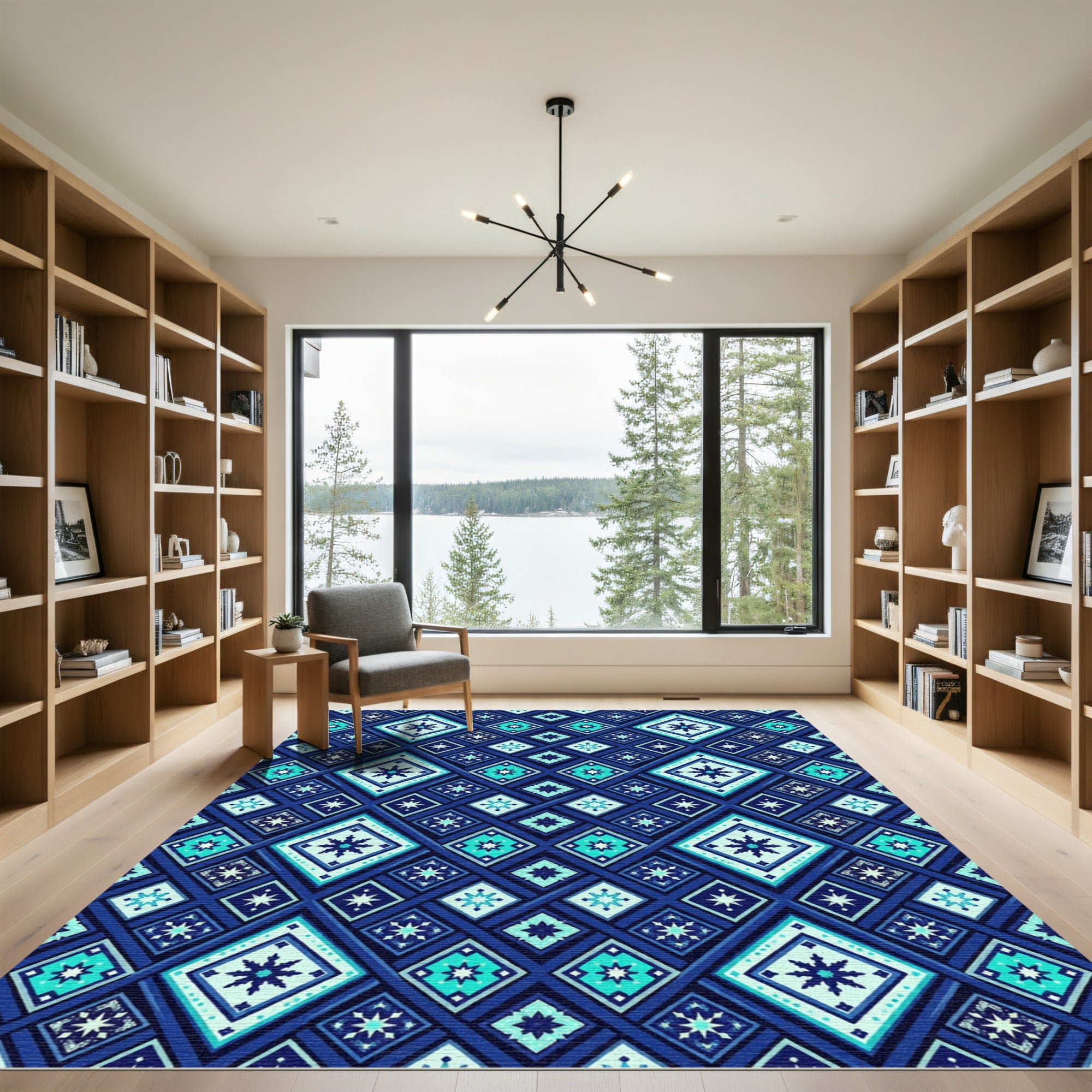 Midnight Blue Geometric Star Diamond Rug
