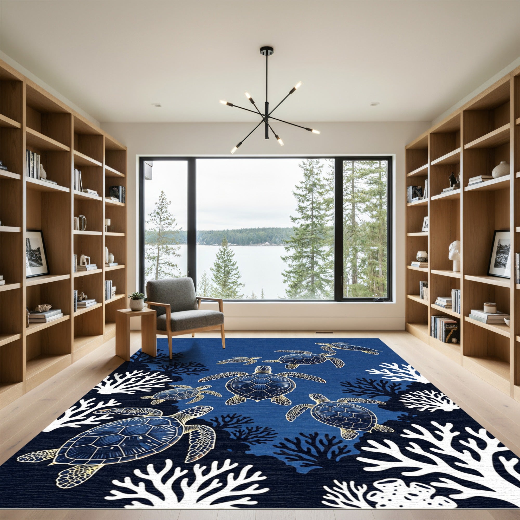 Navy Sea Turtle Coral Reef Illustration Rug