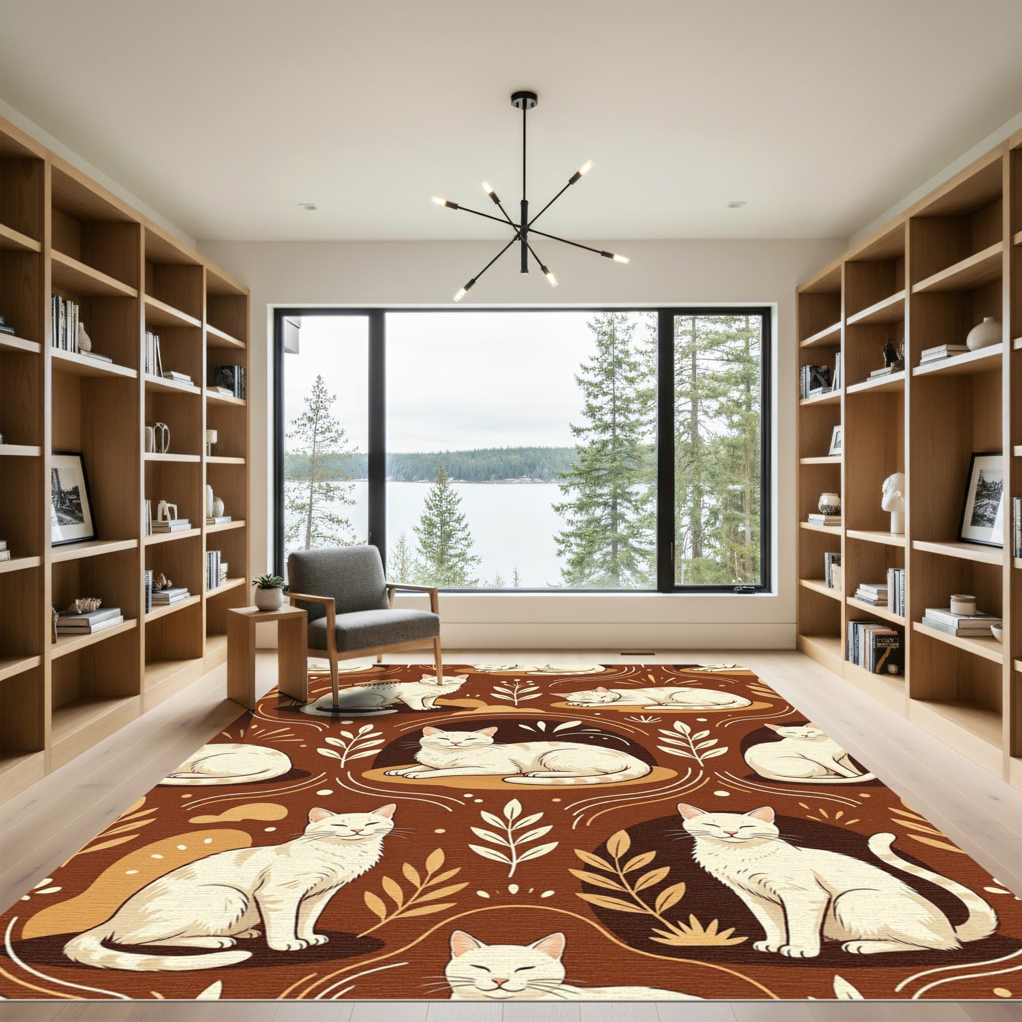 Cream Cats Cozy Botanical Brown Rug