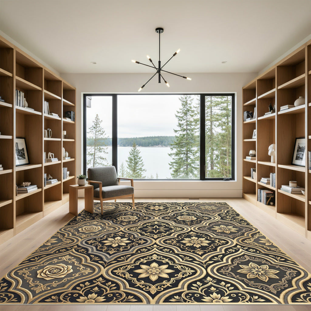 Elegant Gold Rose Damask Medallion Rug