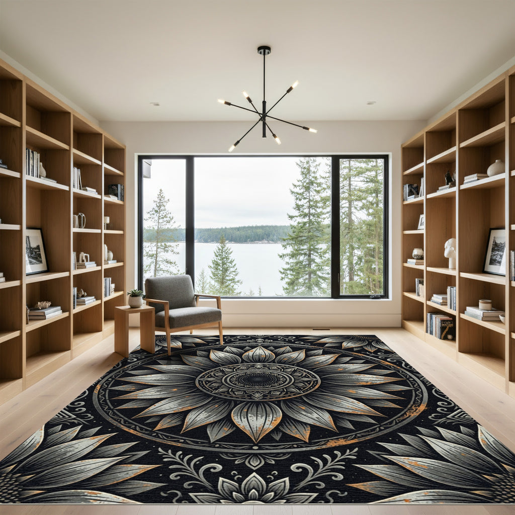 Rustic Metallic Sunflower Mandala Medallion Rug