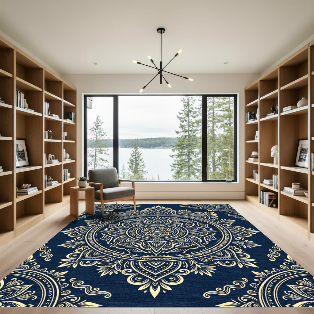 Navy Gold Ornate Medallion Boho Mandala Rug