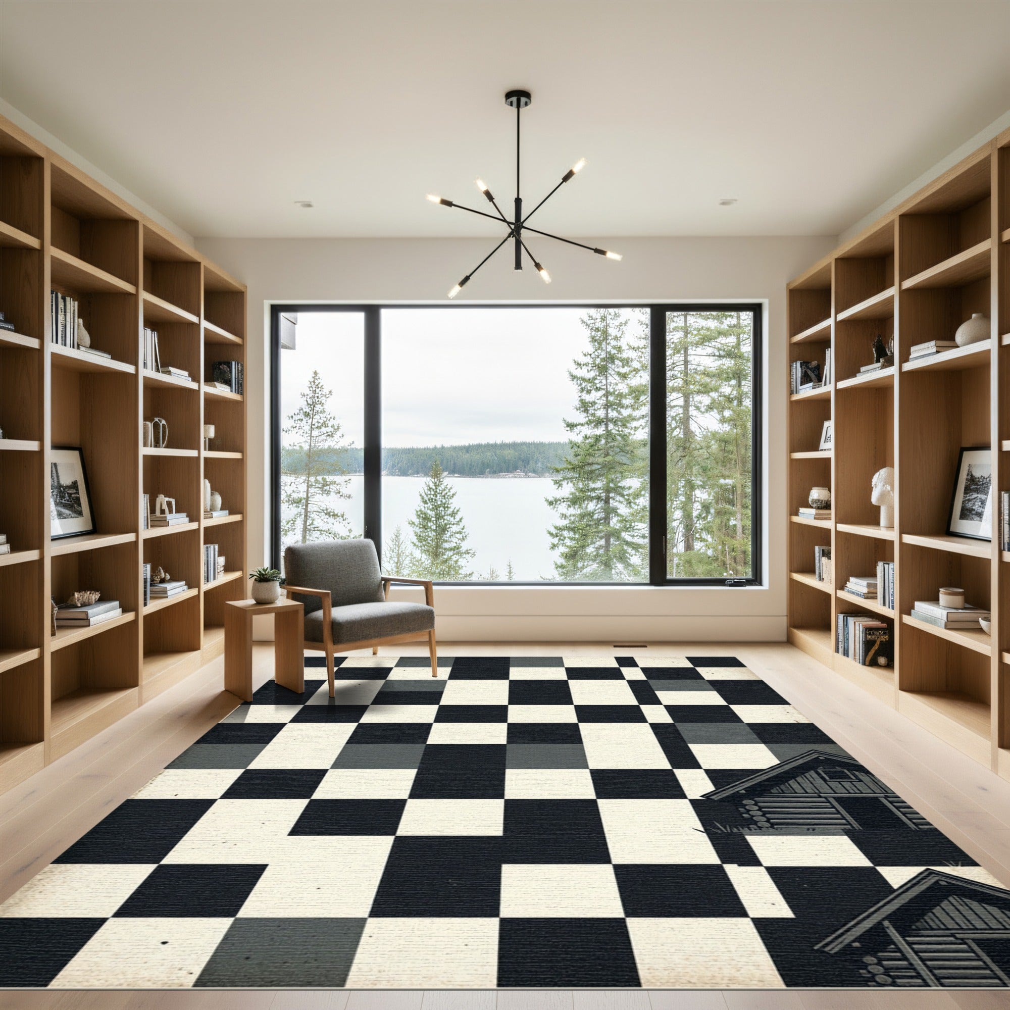 Monochromatic Checkered Cabin Geometric Art Rug