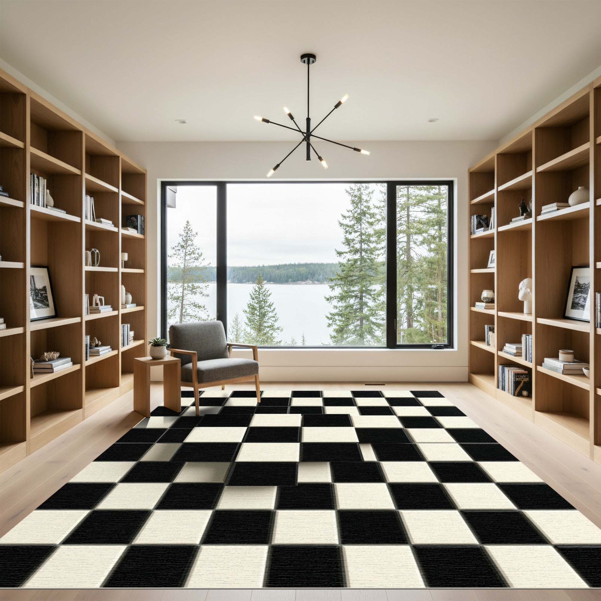 Monochrome Geometric Floating Checkered Grid Rug