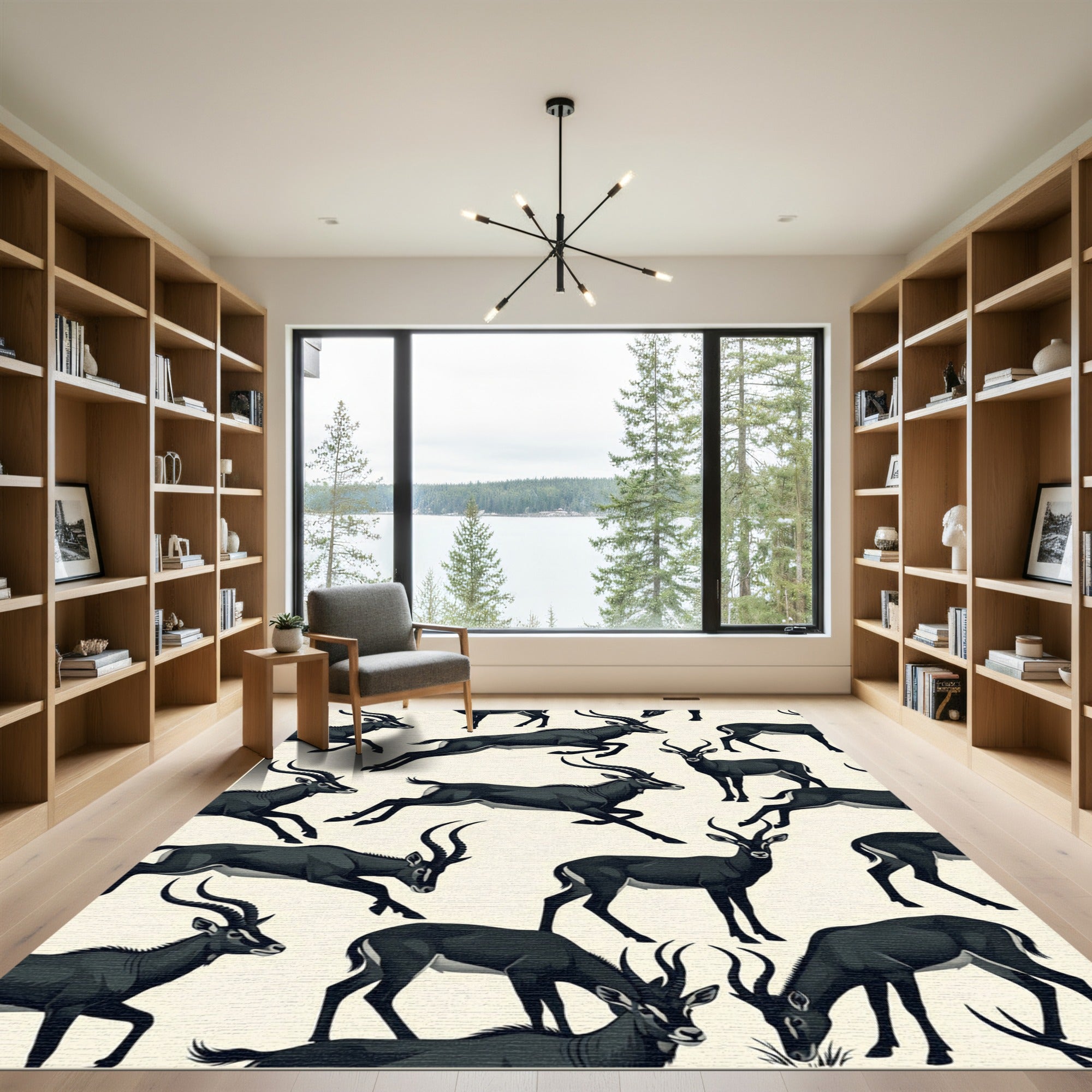 Monochrome Leaping Antelope Animal Illustration Rug