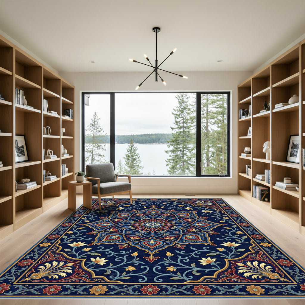 Intricate Navy Floral Medallion Tapestry Rug