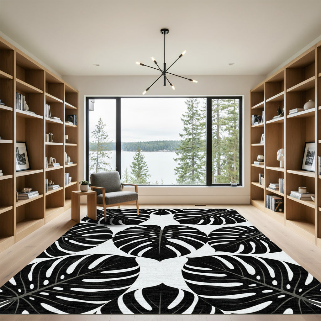 Bold Black Tropical Monstera Leaves Rug