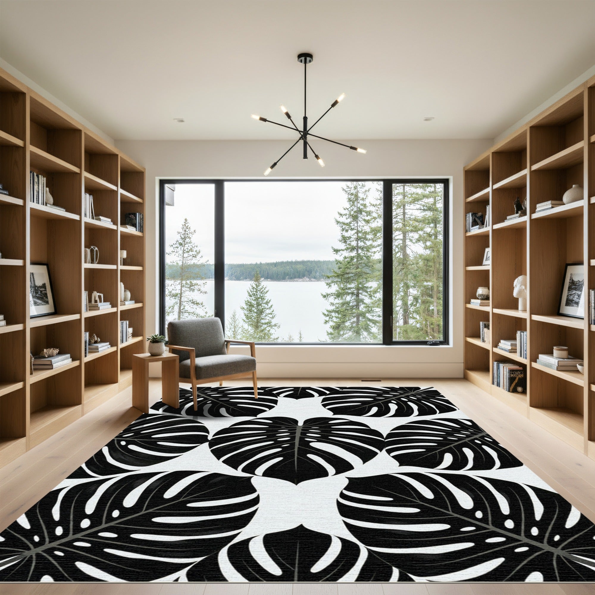 Bold Black Tropical Monstera Leaves Rug