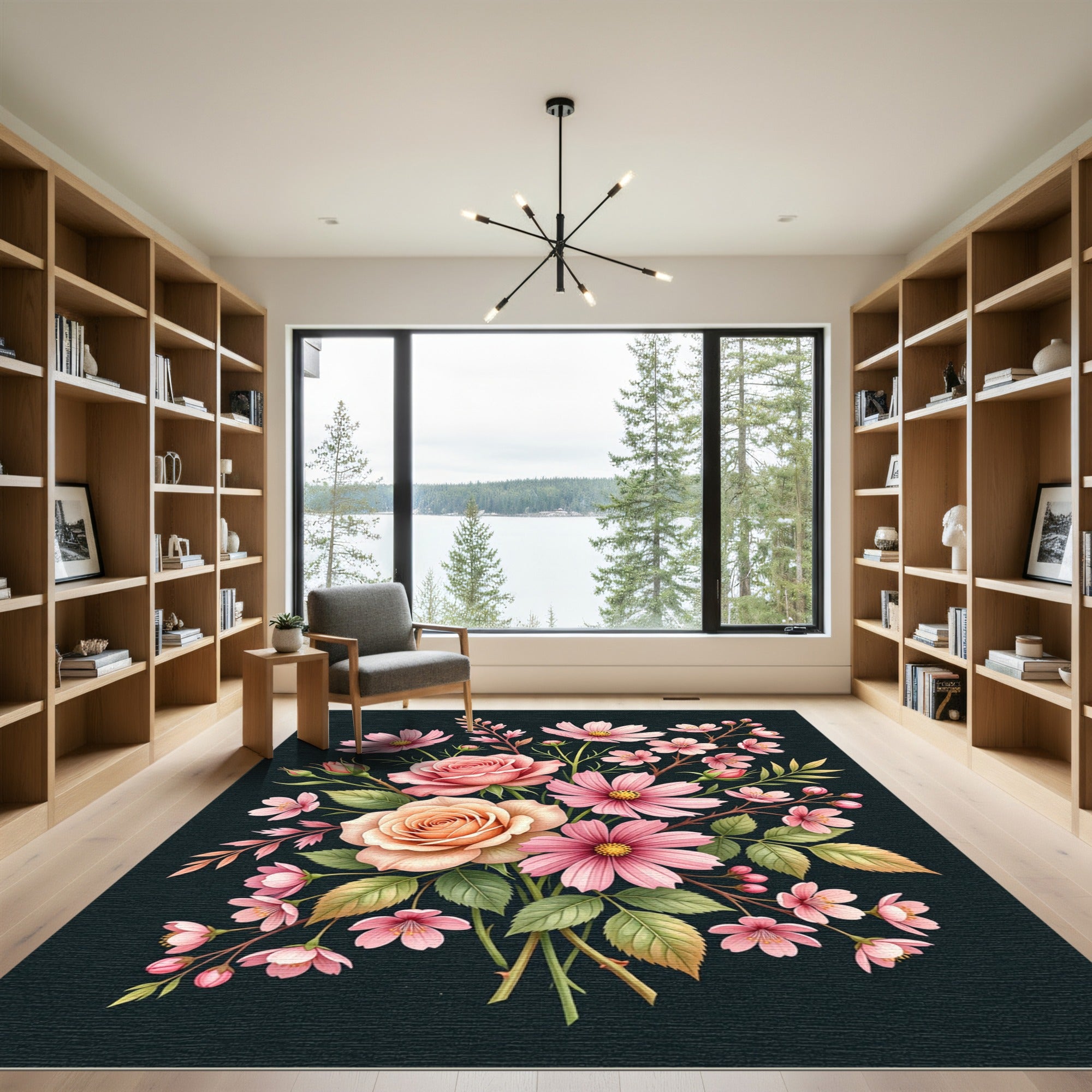 Elegant Pink Floral Botanical Bouquet Rug