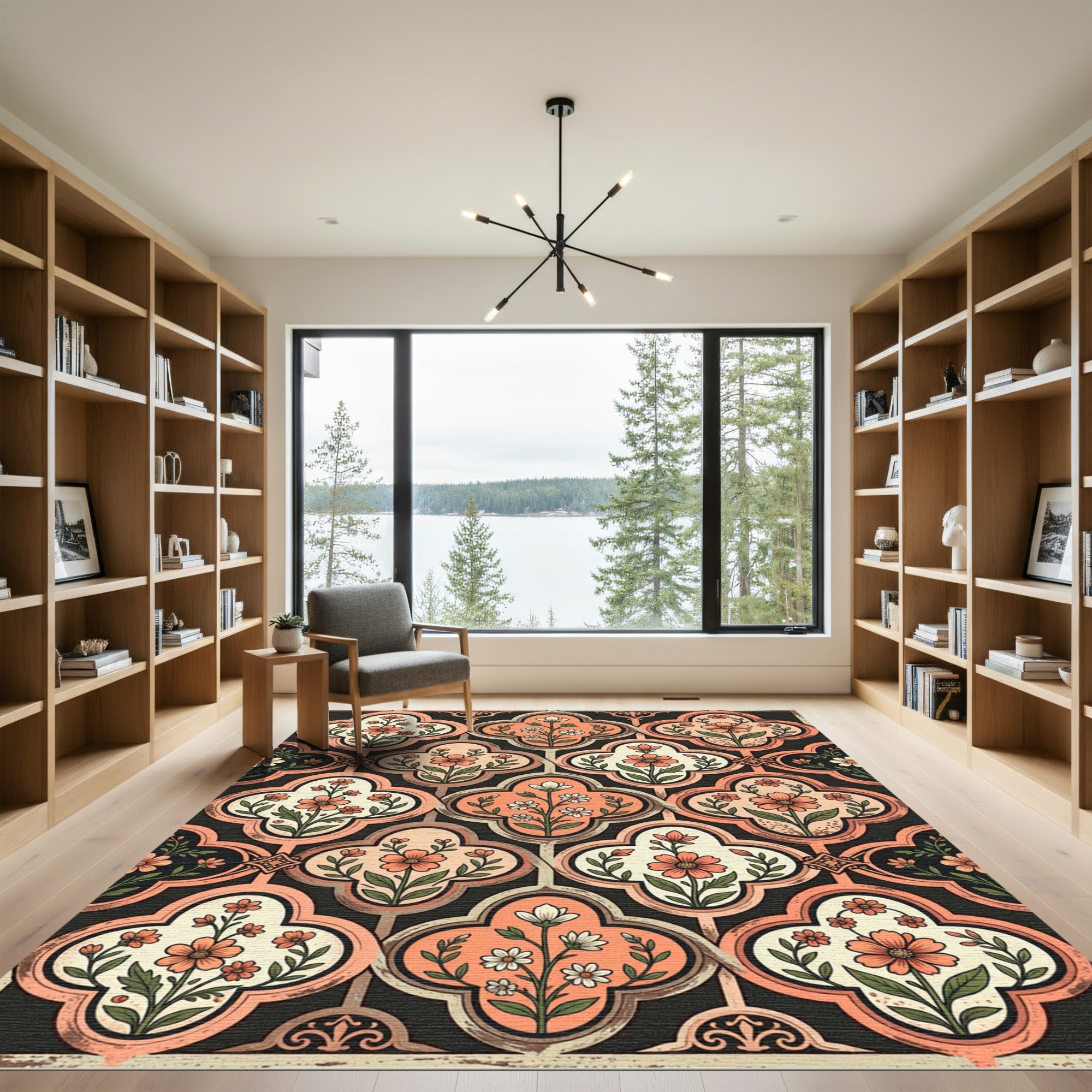 Coral Floral Quatrefoil Lattice Rug