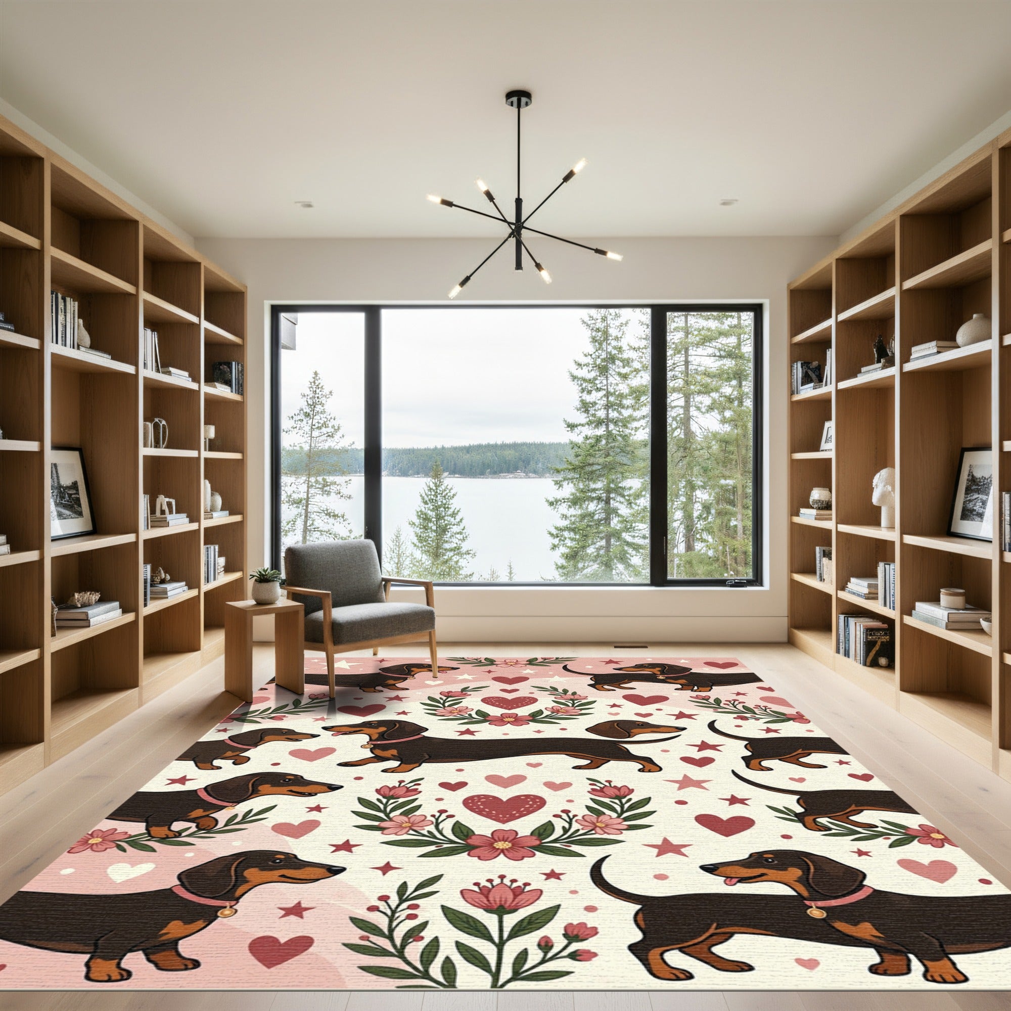Charming Dachshund Floral Heart Illustration Rug