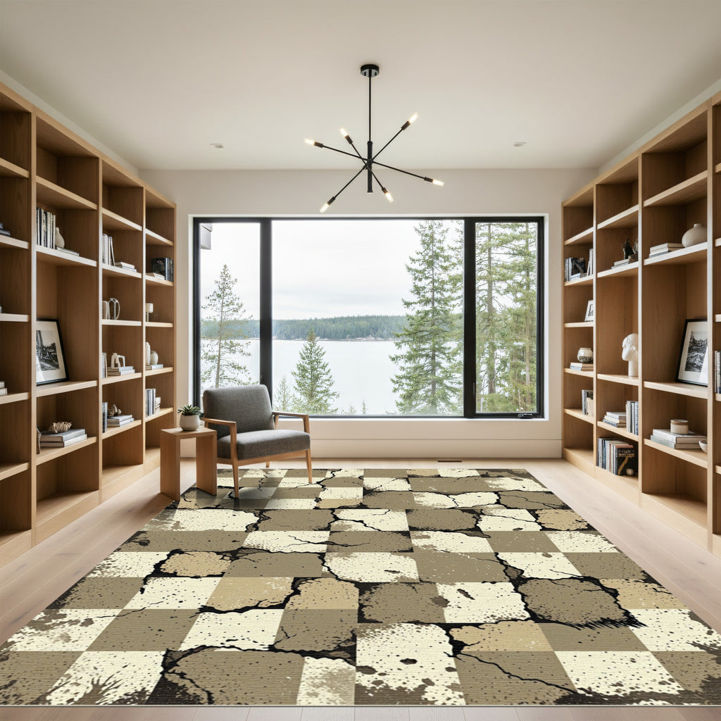 Distressed Neutral Earth Tone Stone Checkered Rug