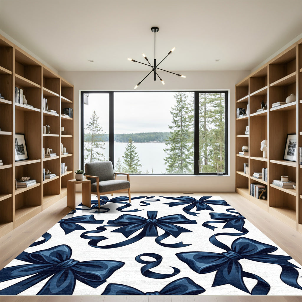 Elegant Navy Ribbon Bow Illustration Rug