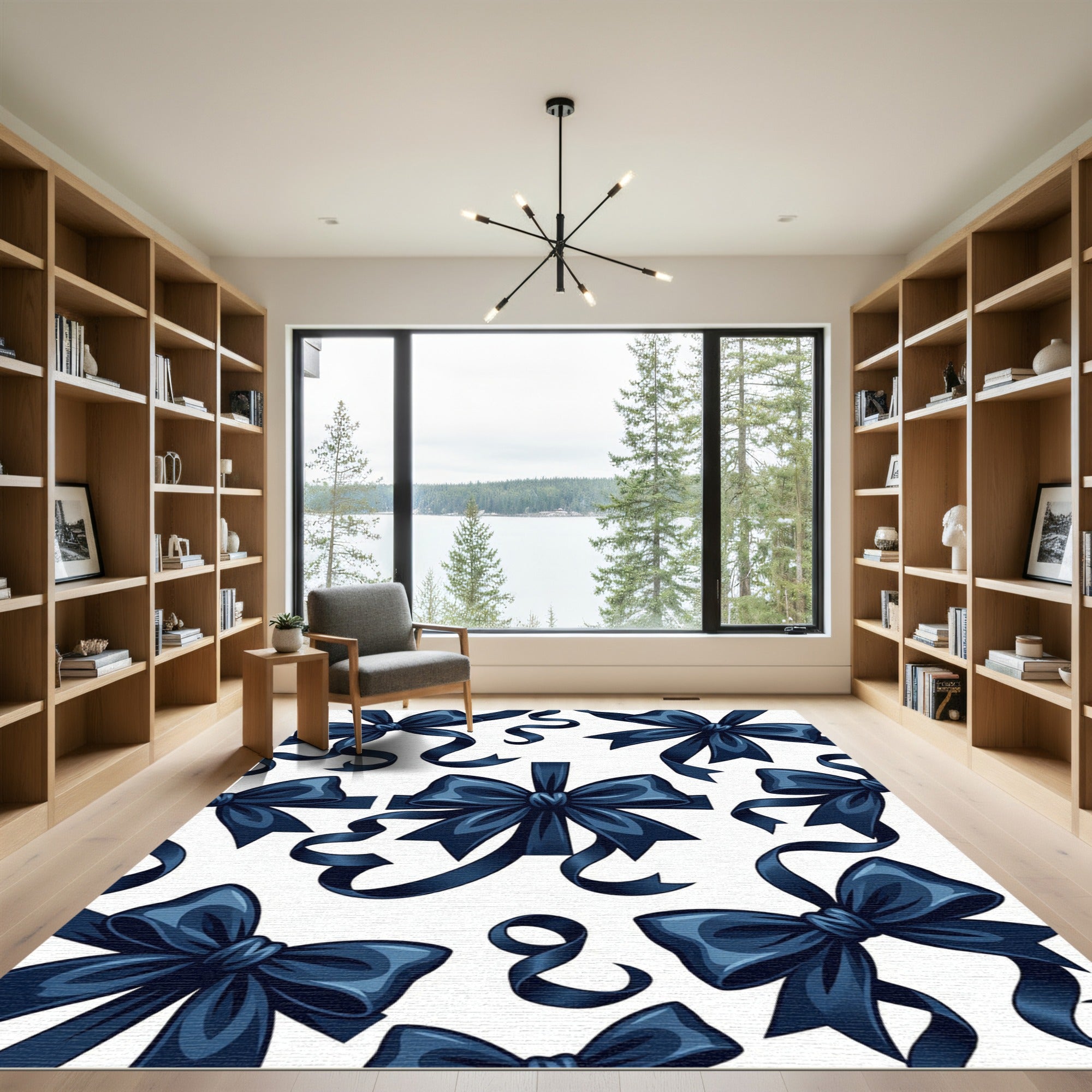 Elegant Navy Ribbon Bow Illustration Rug