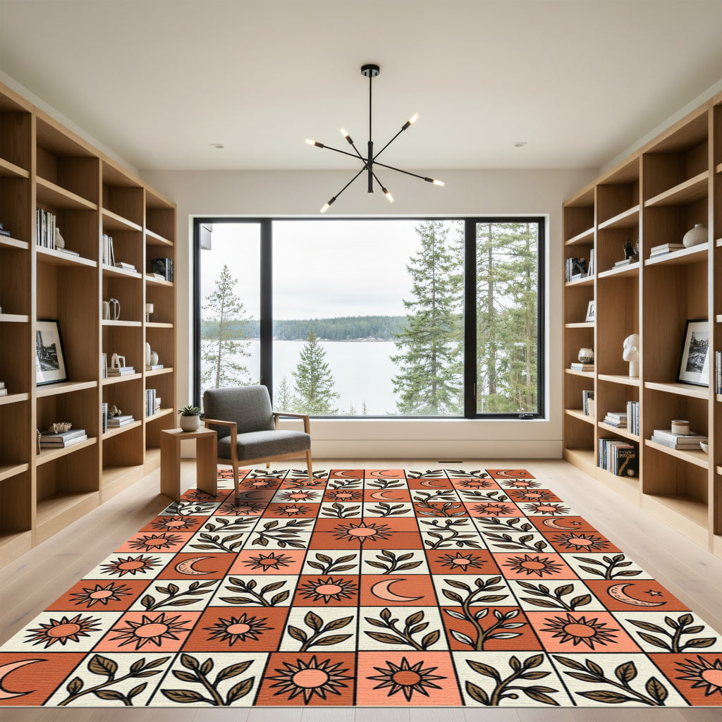 Terracotta Sun Moon Branch Checkerboard Rug