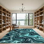 Abstract Teal Marbled Fluid Wave Rug