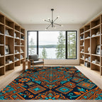 Vivid Orange Teal Medallions Complex Pattern Rug