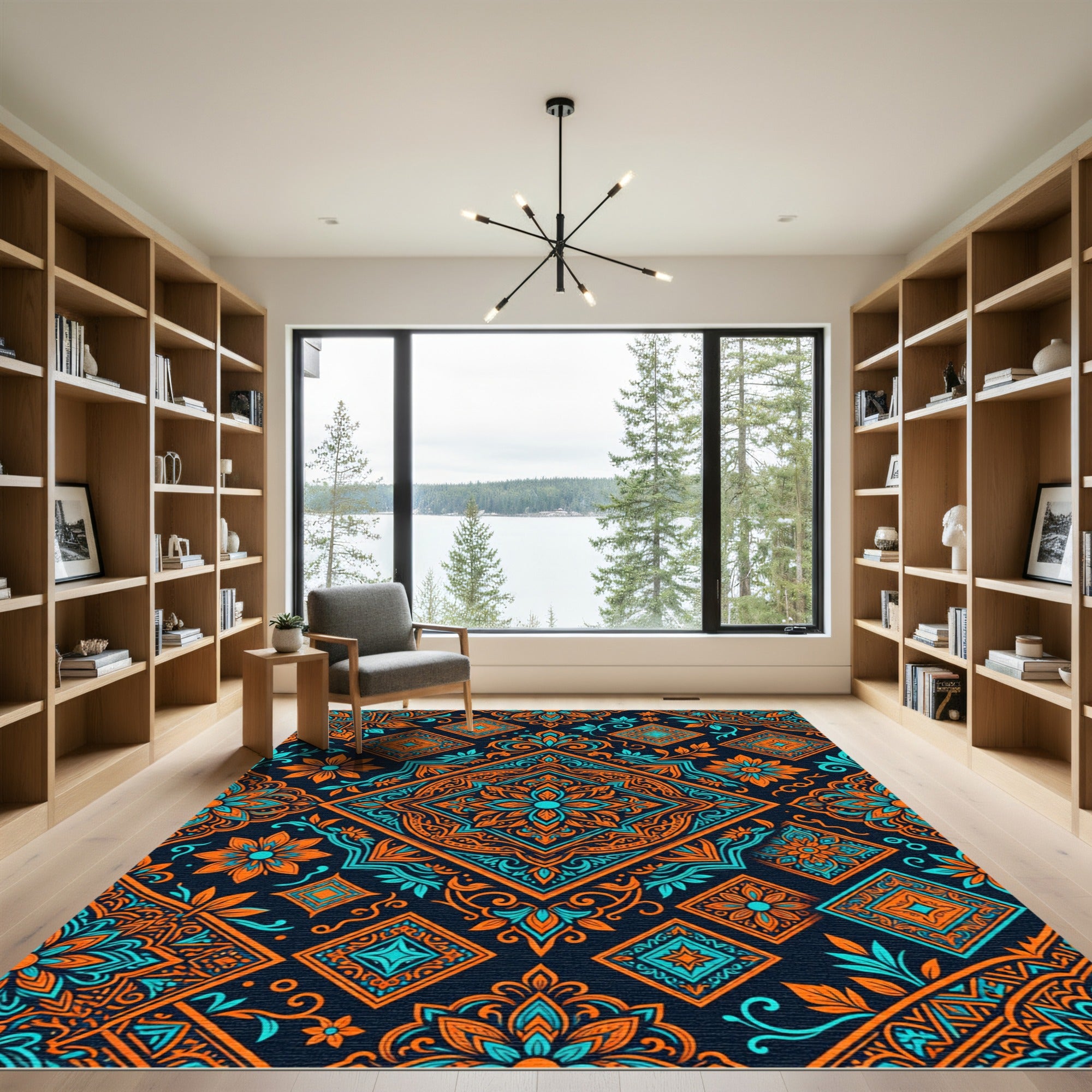 Vivid Orange Teal Medallions Complex Pattern Rug