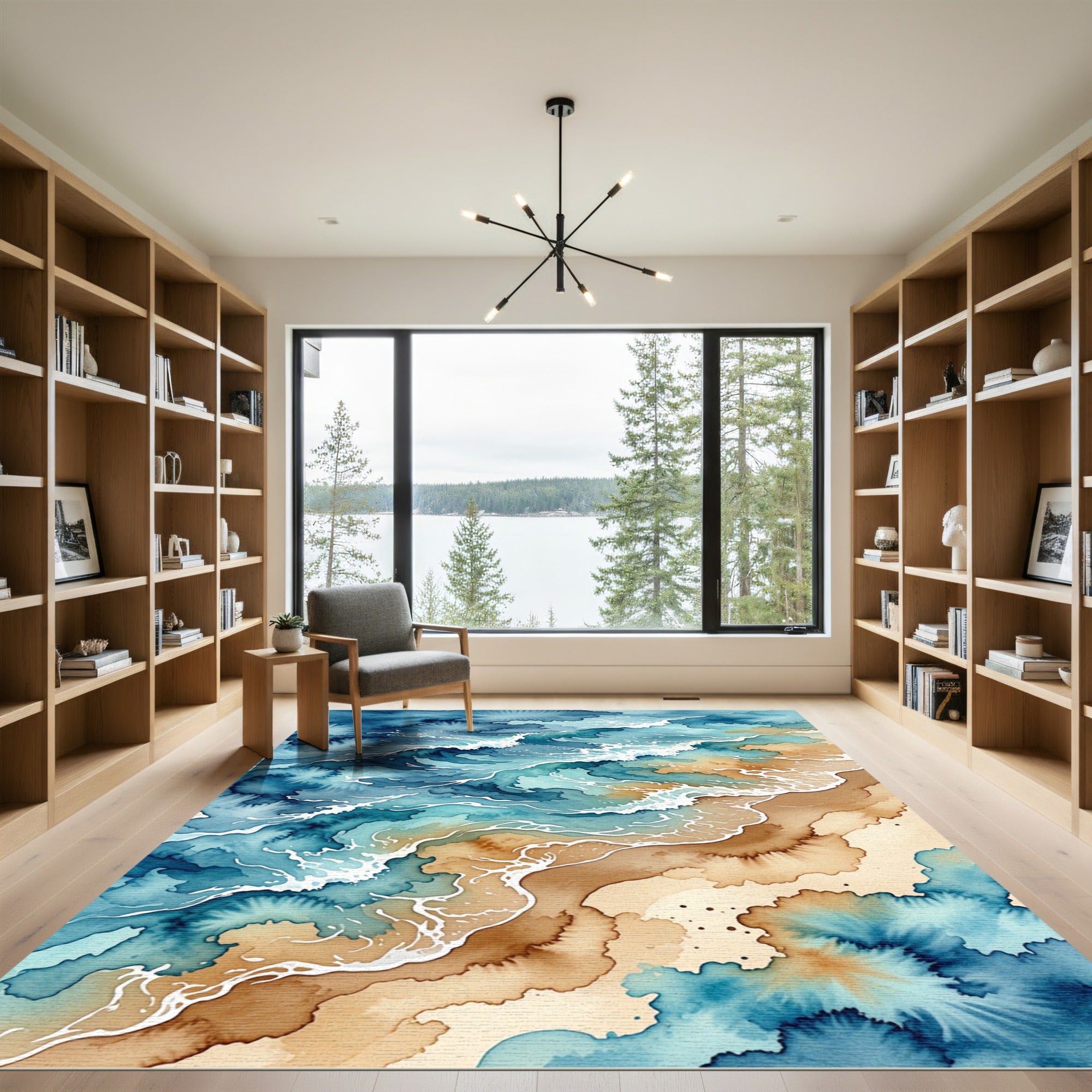 Watercolor Blue Ocean Wave Shoreline Rug