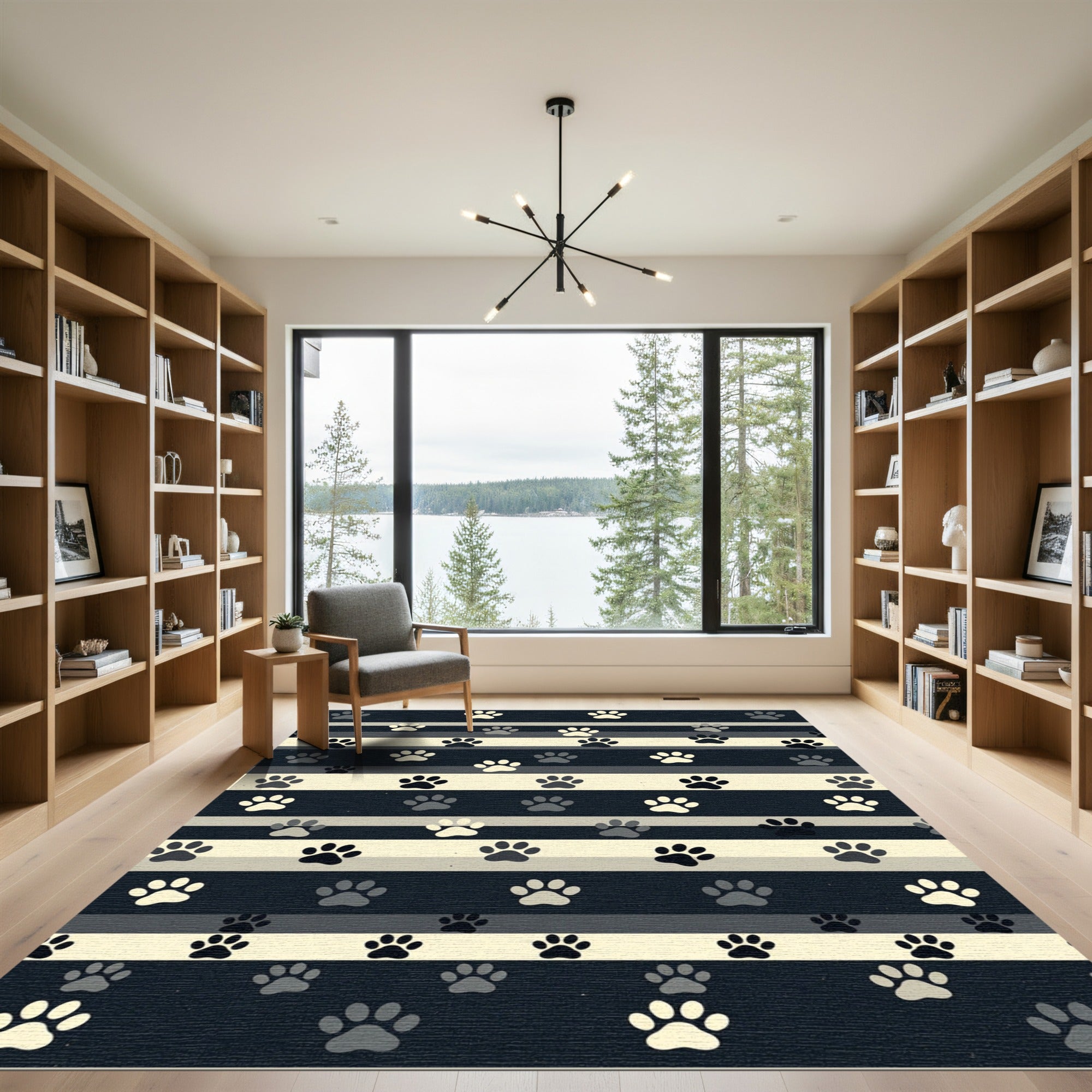 Neutral Striped Paw Print Indoor Rug