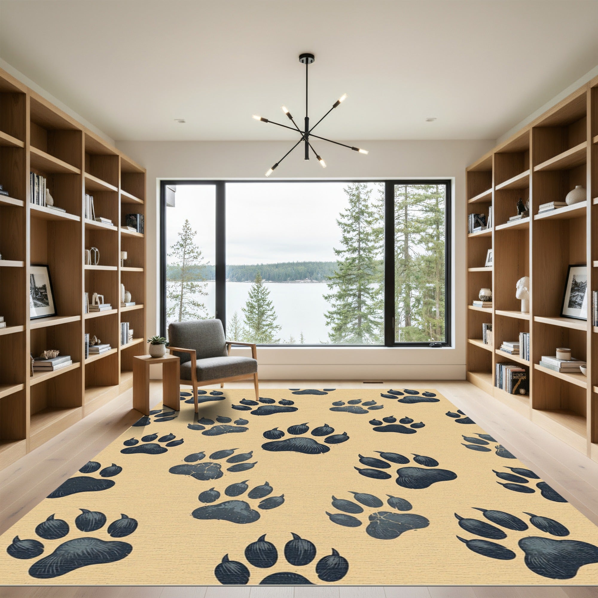 Charcoal Wolf Paw Track Beige Cover Rug