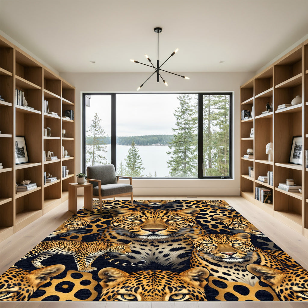 Golden Black Leopard Spots Faces Rug