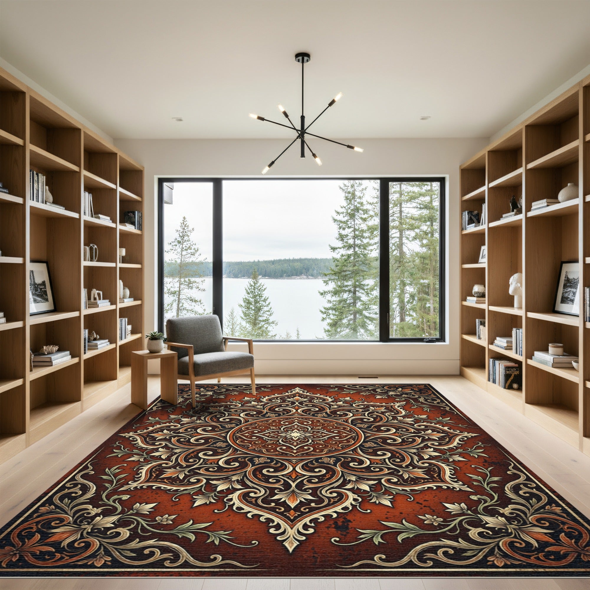 Ornate Terracotta Floral Medallion Scroll Rug