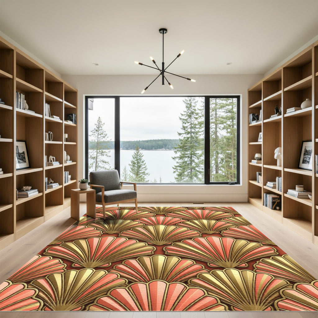 Art Deco Golden Shell Fan Coral Rug