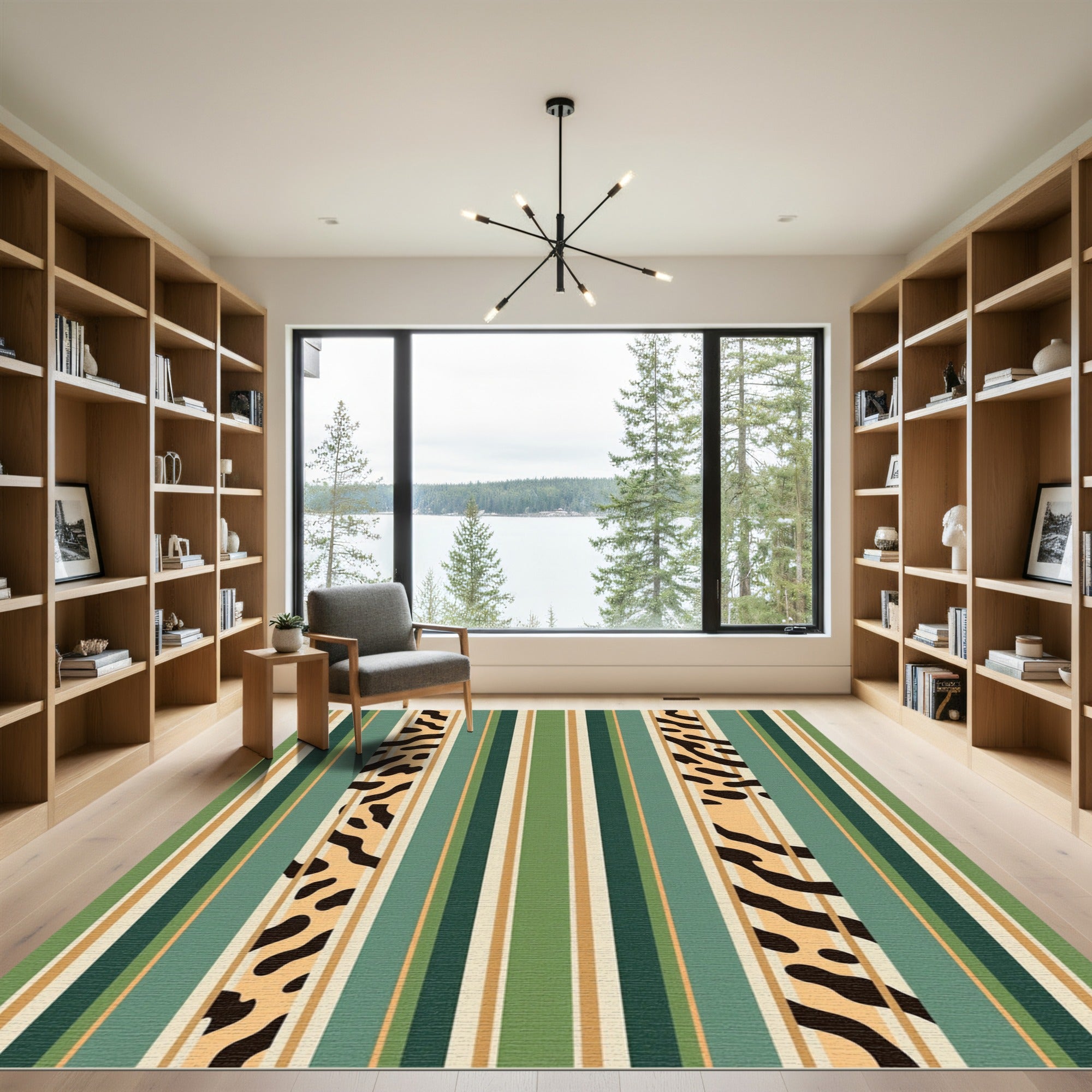 Green and Tan Striped Animal Spot Rug