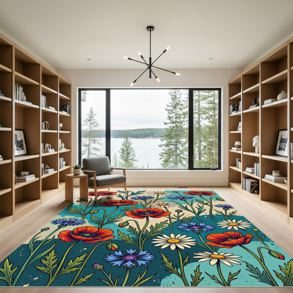 Vibrant Meadow Poppy Daisy Floral Tapestry Rug