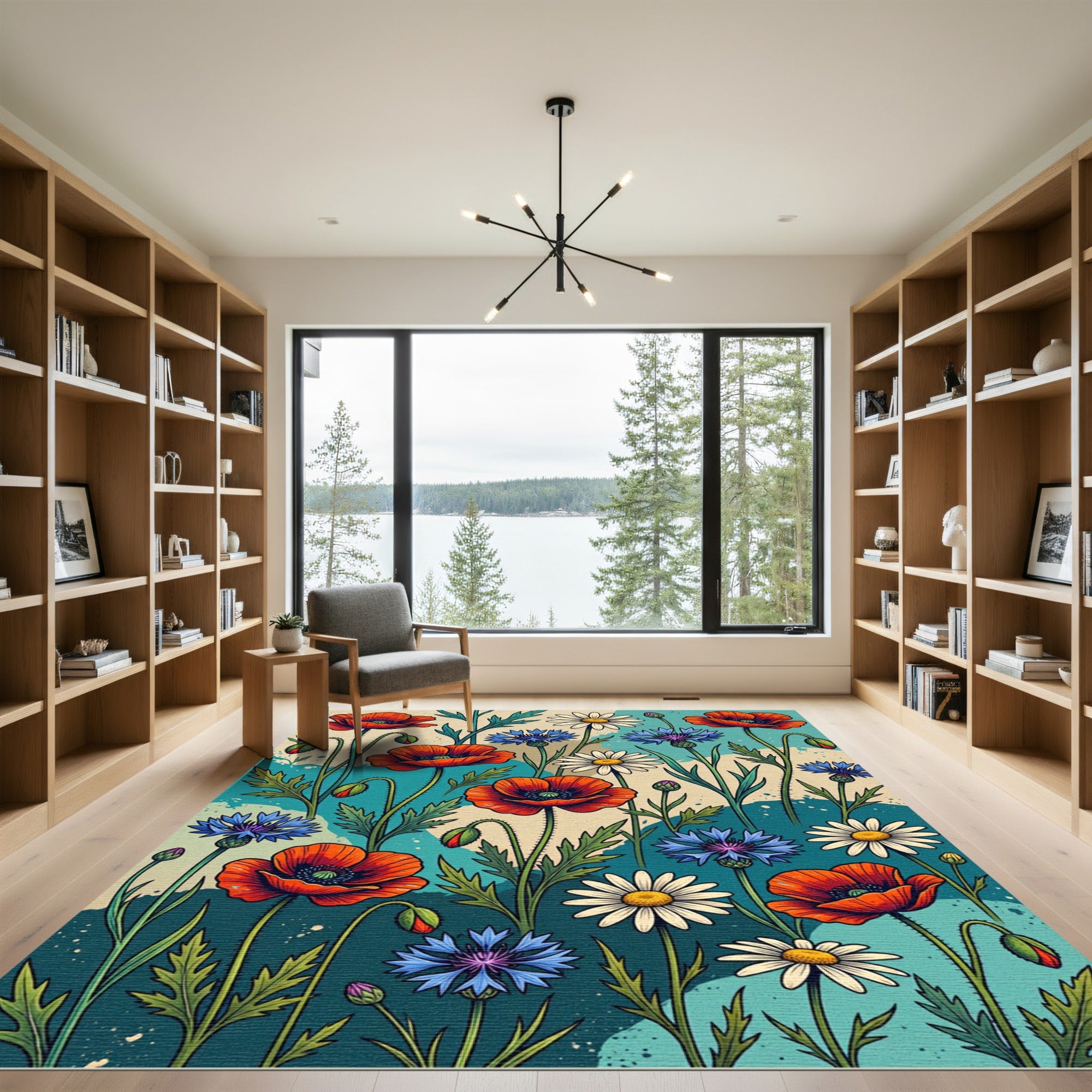 Vibrant Meadow Poppy Daisy Floral Tapestry Rug