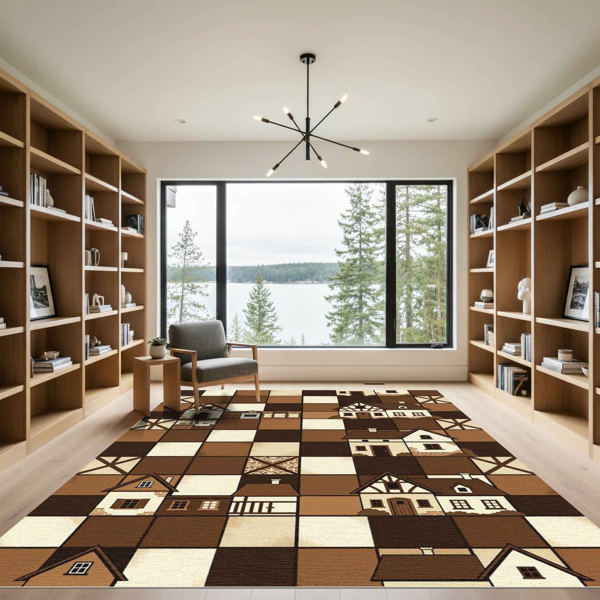 Tudor Village Chessboard Homes Cozy Brown Rug